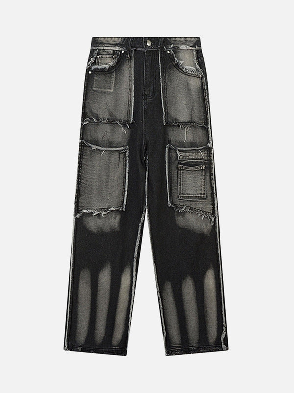 TALISHKO - Cat Whiskers Raw Edge Patchwork Jeans, streetwear fashion, talishko.com