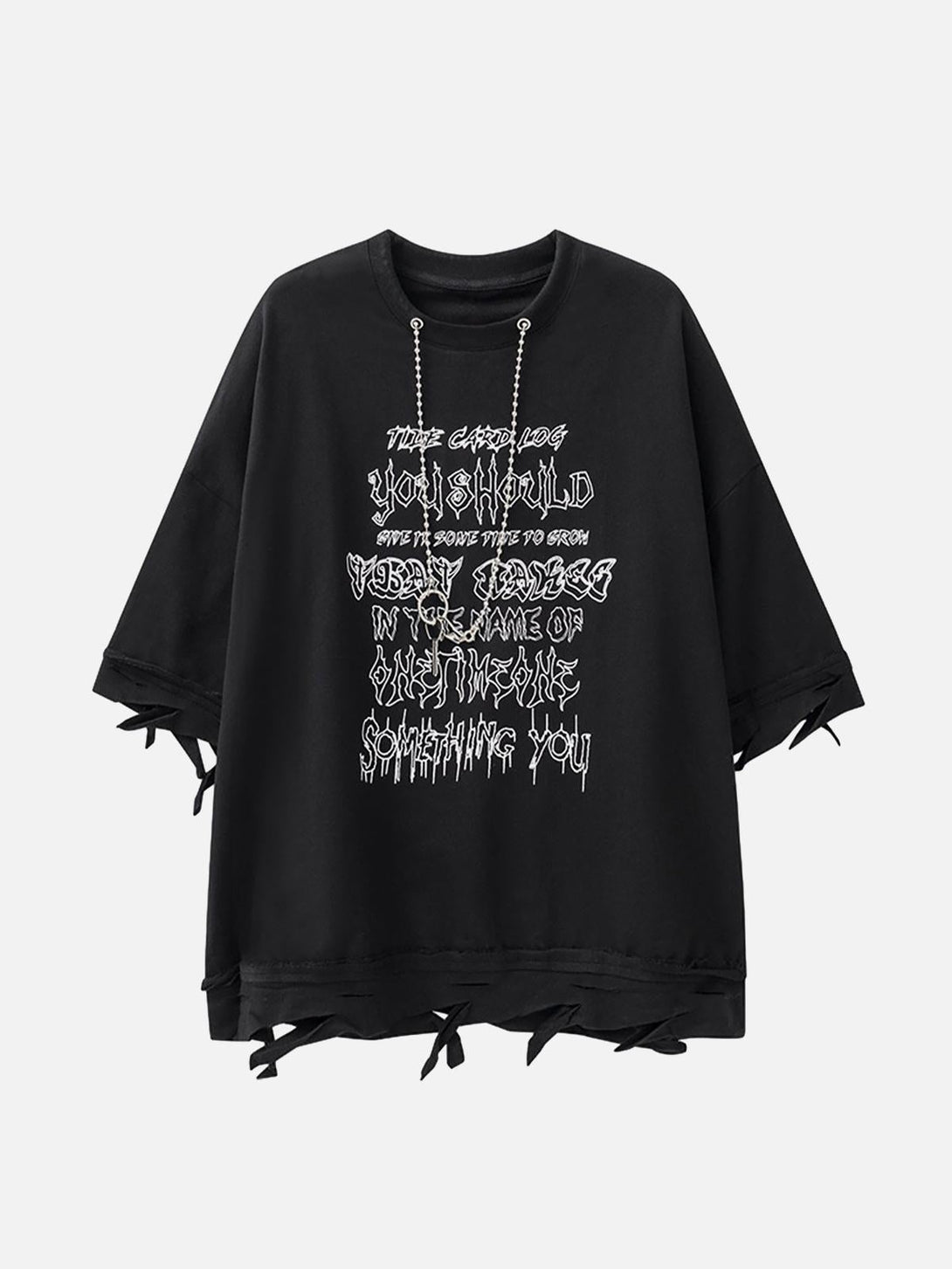 Front view of a black oversized T-shirt with bold lettering and chain details by TALISHKO.