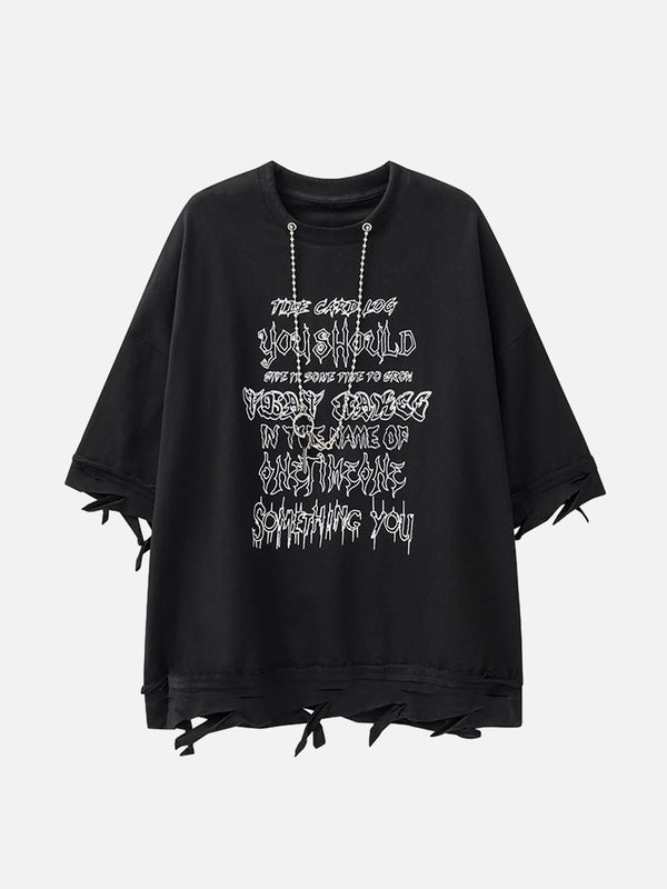 Front view of a black oversized T-shirt with bold lettering and chain details by TALISHKO.