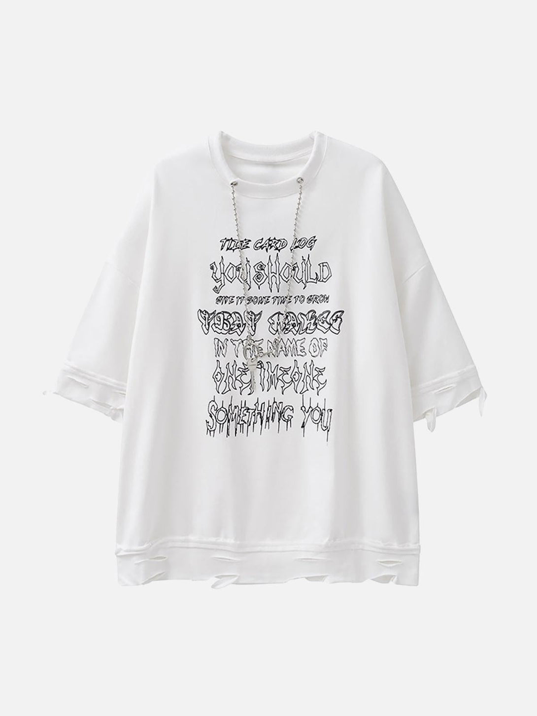 Front view of a white oversized T-shirt with bold lettering and chain details by TALISHKO.