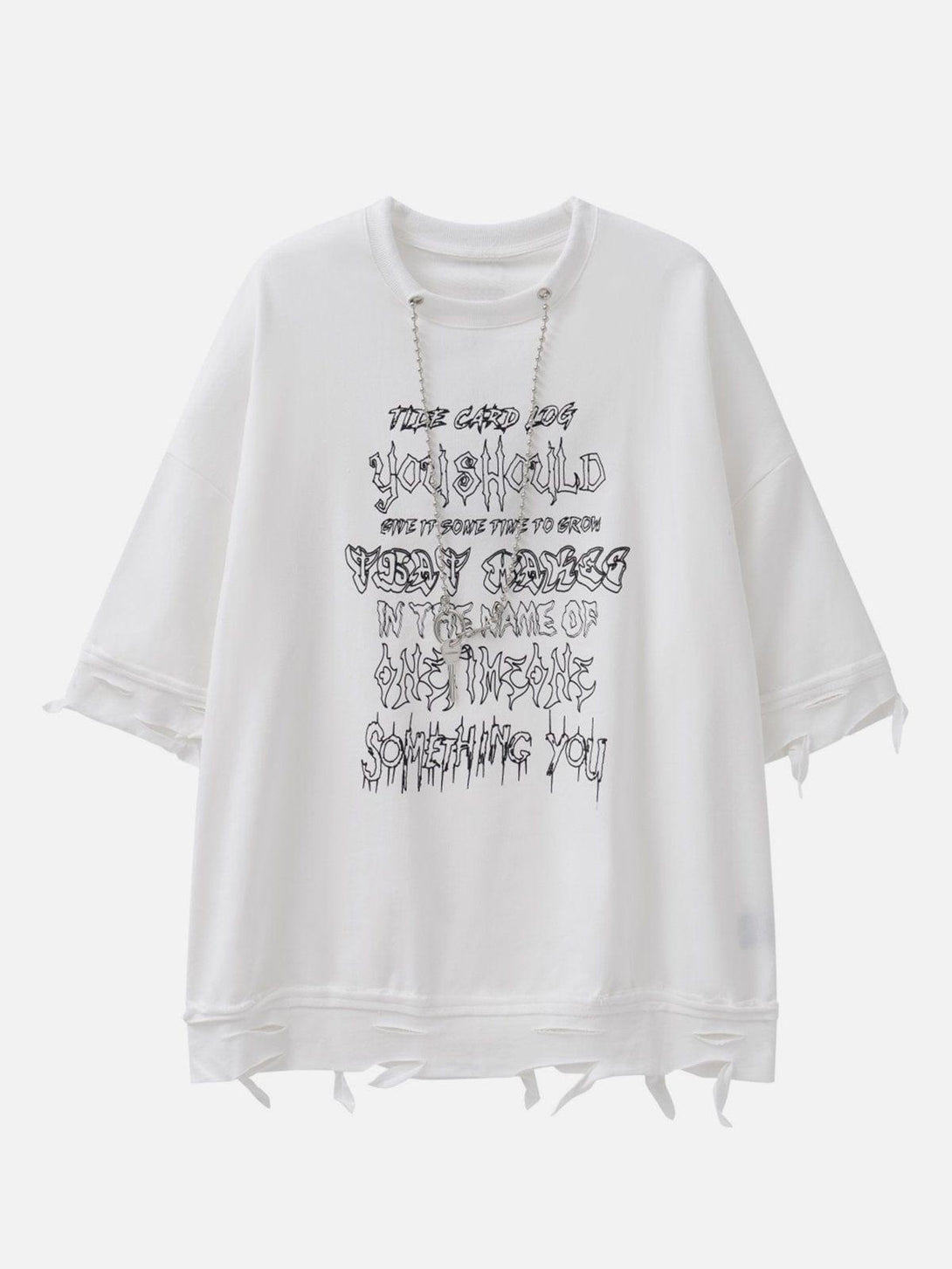 Front view of a white distressed tee with chain detail by TALISHKO, offering a bold, edgy look.