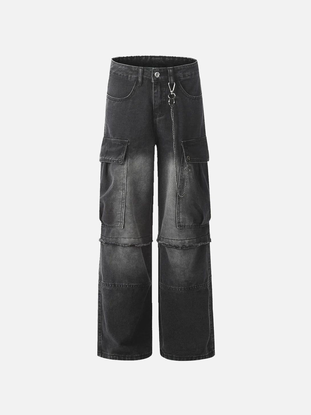 Front view of black cargo jeans with chain detail by TALISHKO, featuring large pockets.