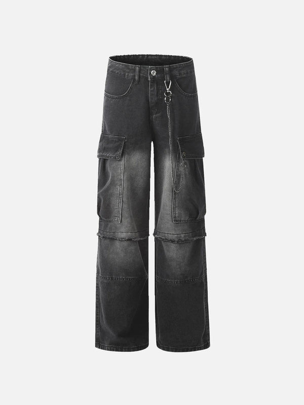 Front view of black cargo jeans with chain detail by TALISHKO, featuring large pockets.