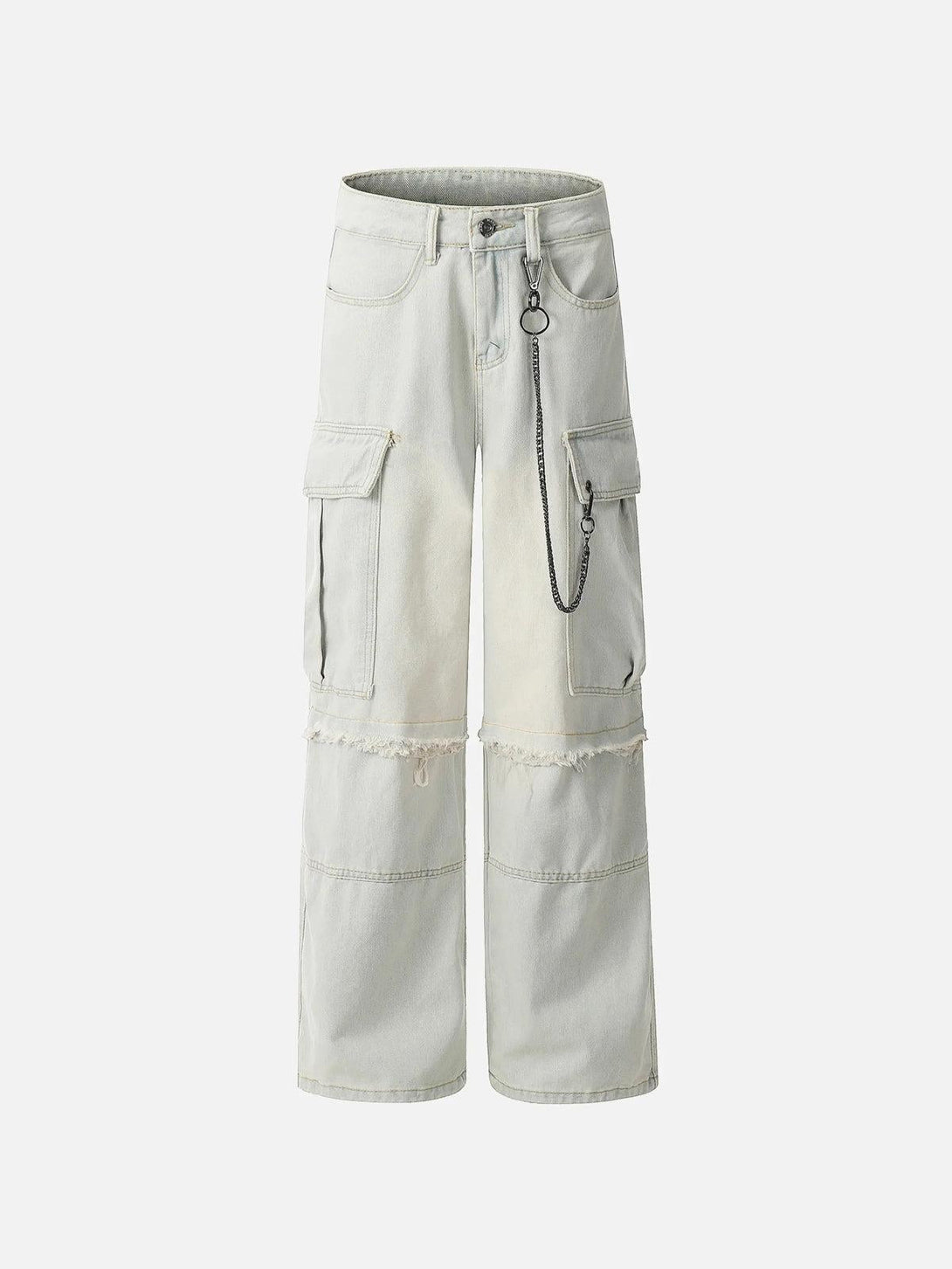Front view of white cargo jeans by TALISHKO, featuring large pockets and chain detail.