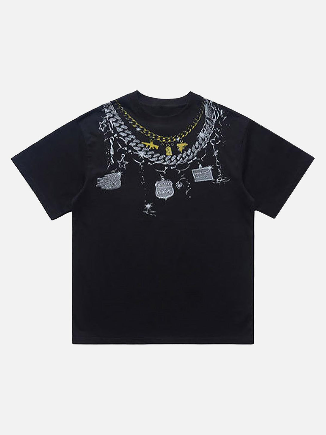 Black crew neck T-shirt with chain print detail by TALISHKO, showcasing front view design.