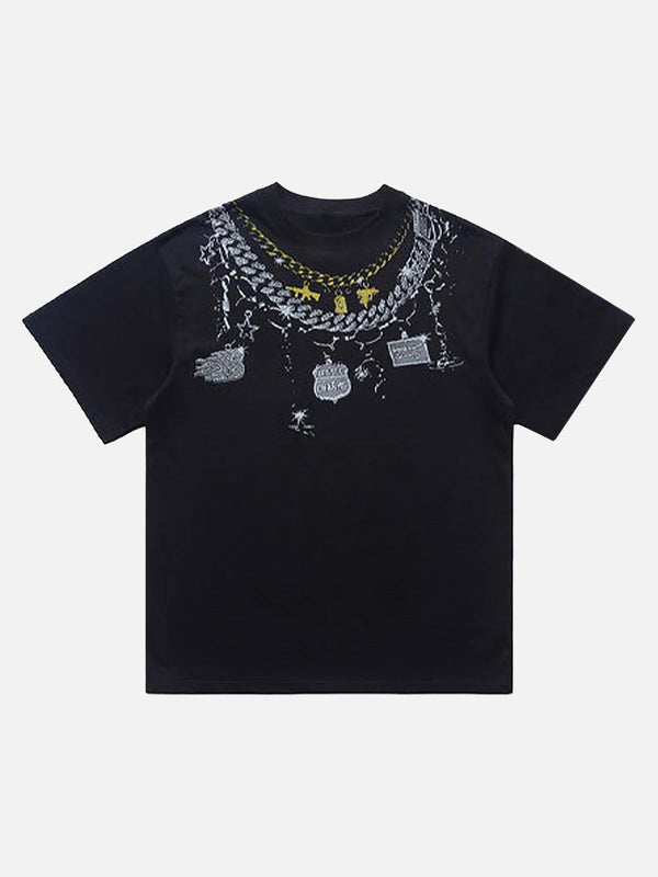 Black crew neck T-shirt with chain print detail by TALISHKO, showcasing front view design.