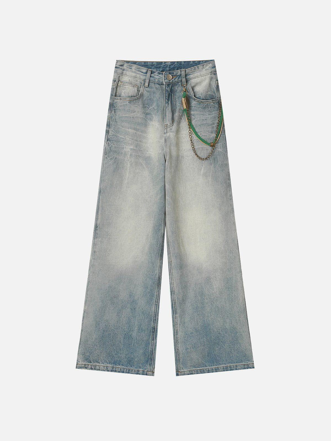 Front view of blue washed graphic jeans with chain detail, a stylish piece by TALISHKO.