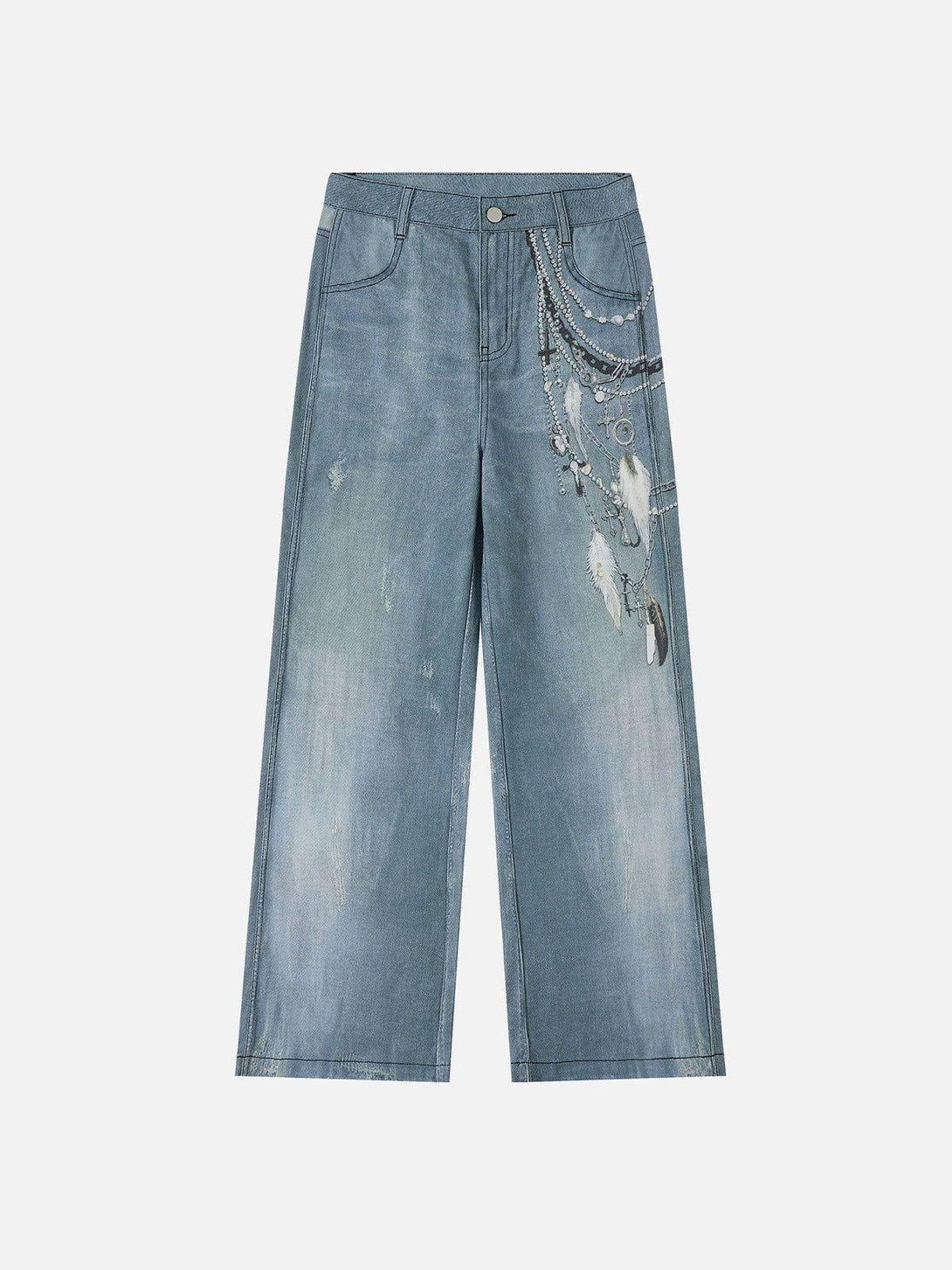 Front view of blue jeans with chain print detail, crafted by TALISHKO for urban style.