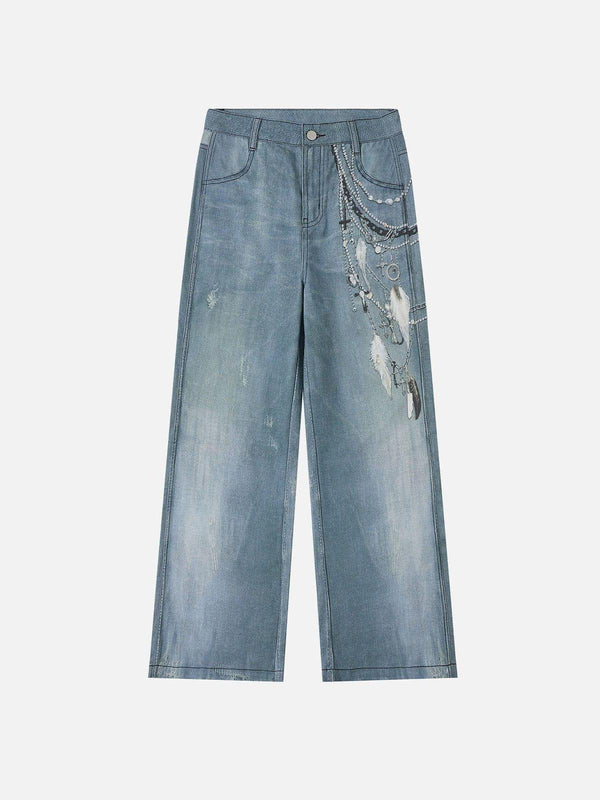 Front view of blue jeans with chain print detail, crafted by TALISHKO for urban style.