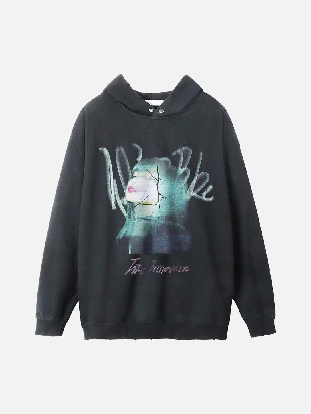 Front view of a black hoodie by TALISHKO featuring a vibrant character portrait design.