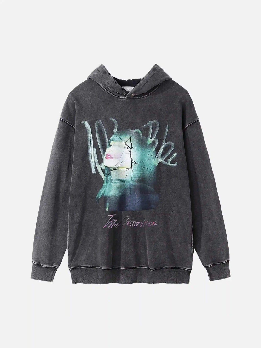 Front view of a gray TALISHKO hoodie with an artistic character portrait and worn-in style.