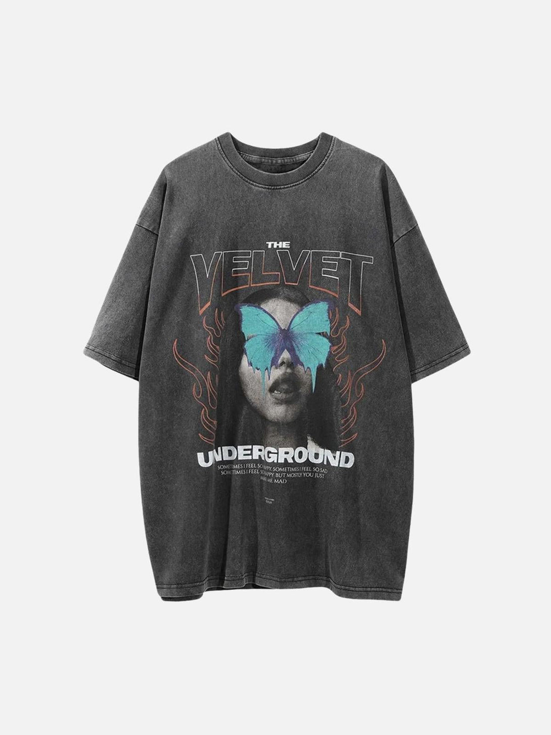 Front view of black character-printed t-shirt with butterfly design by TALISHKO, washed finish.