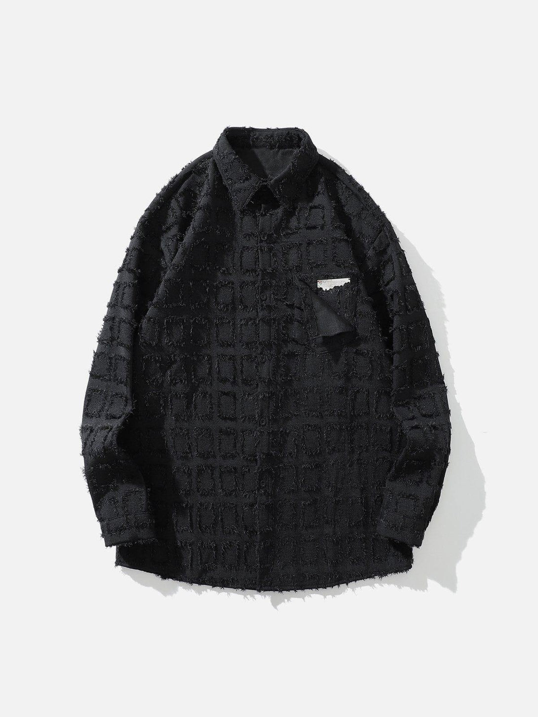 Front view of a black check long-sleeved shirt by TALISHKO, showcasing its textured design.