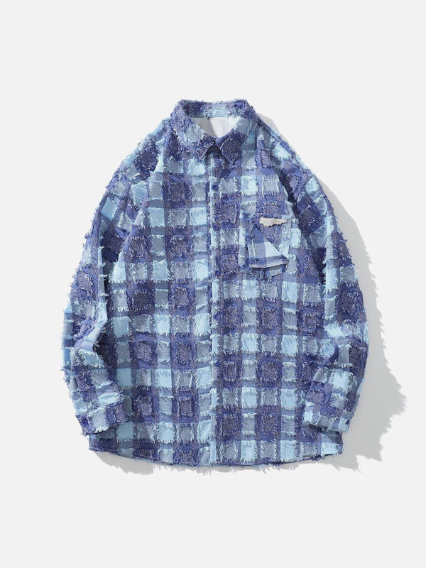 Front view of a blue check long-sleeved shirt by TALISHKO, featuring a textured pattern.
