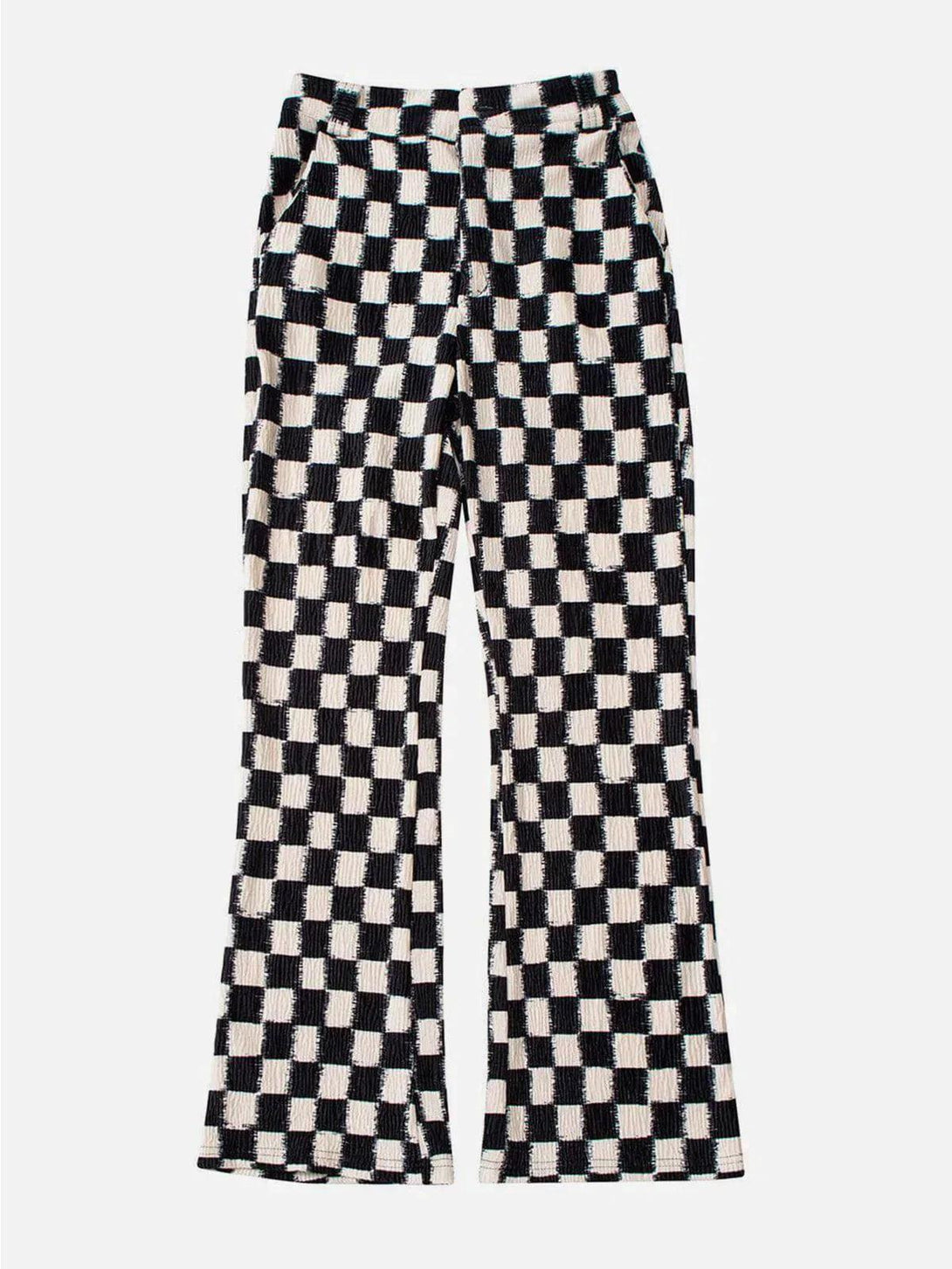 Checkerboard elastic horn pants by TALISHKO in black, front view showcasing bold street style.