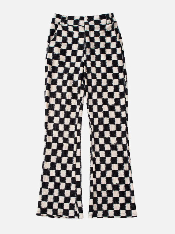 Checkerboard elastic horn pants by TALISHKO in black, front view showcasing bold street style.