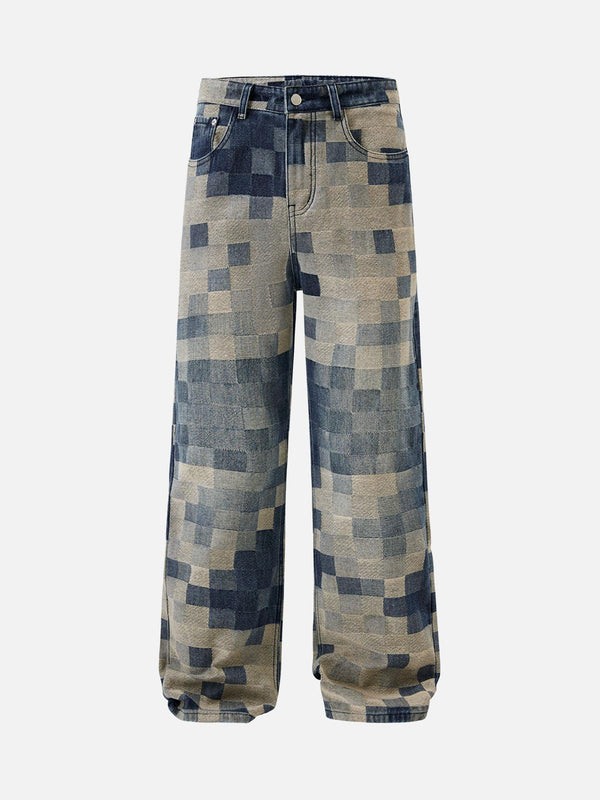 Front view of TALISHKO blue wide-leg jeans with a checkerboard jacquard pattern.