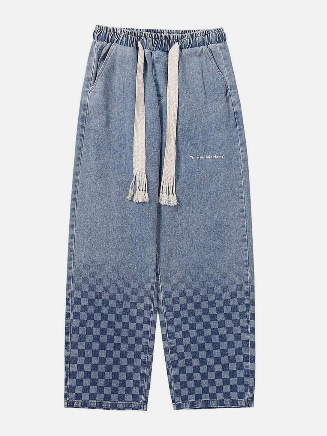 Front view of TALISHKO blue checkerboard print jeans featuring a casual drawstring waist.