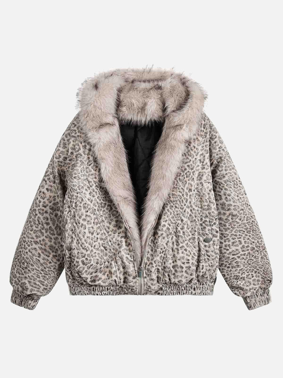 Front view of a light gray cheetah print jacket with mink fur hood by TALISHKO.