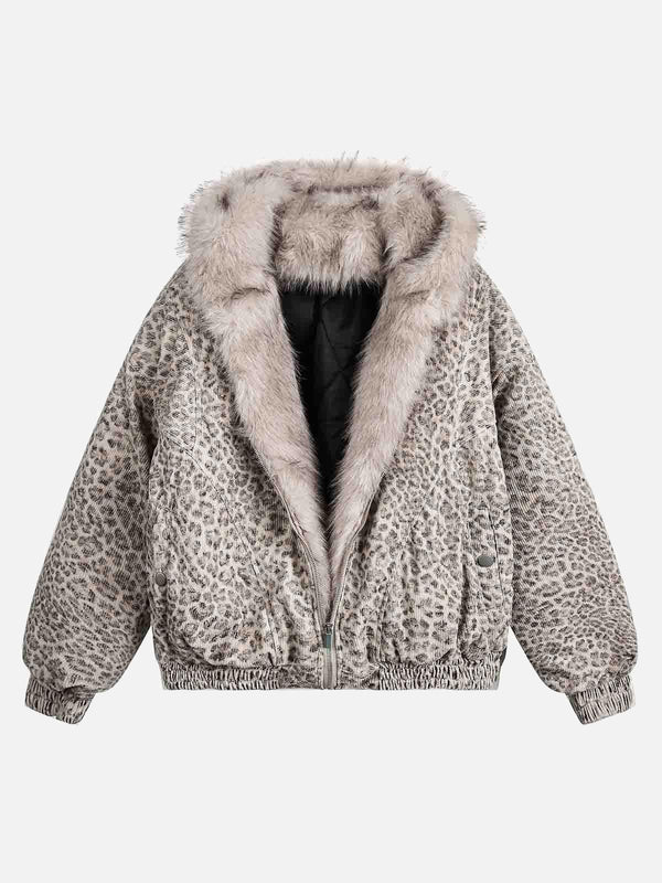 Front view of a light gray cheetah print jacket with mink fur hood by TALISHKO.