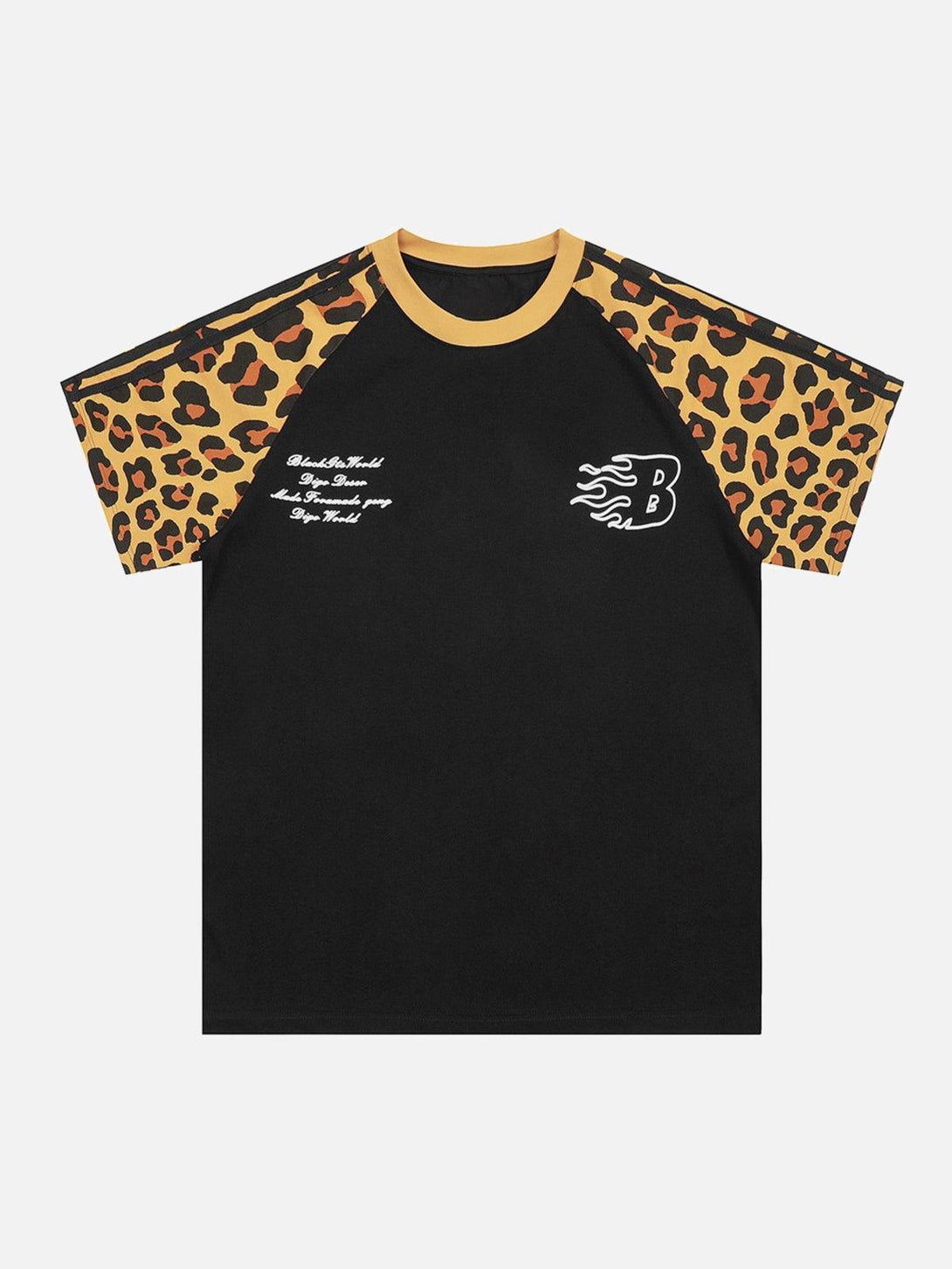 Front view of a black raglan sleeve T-shirt with cheetah print by TALISHKO, ideal for summer vibes.