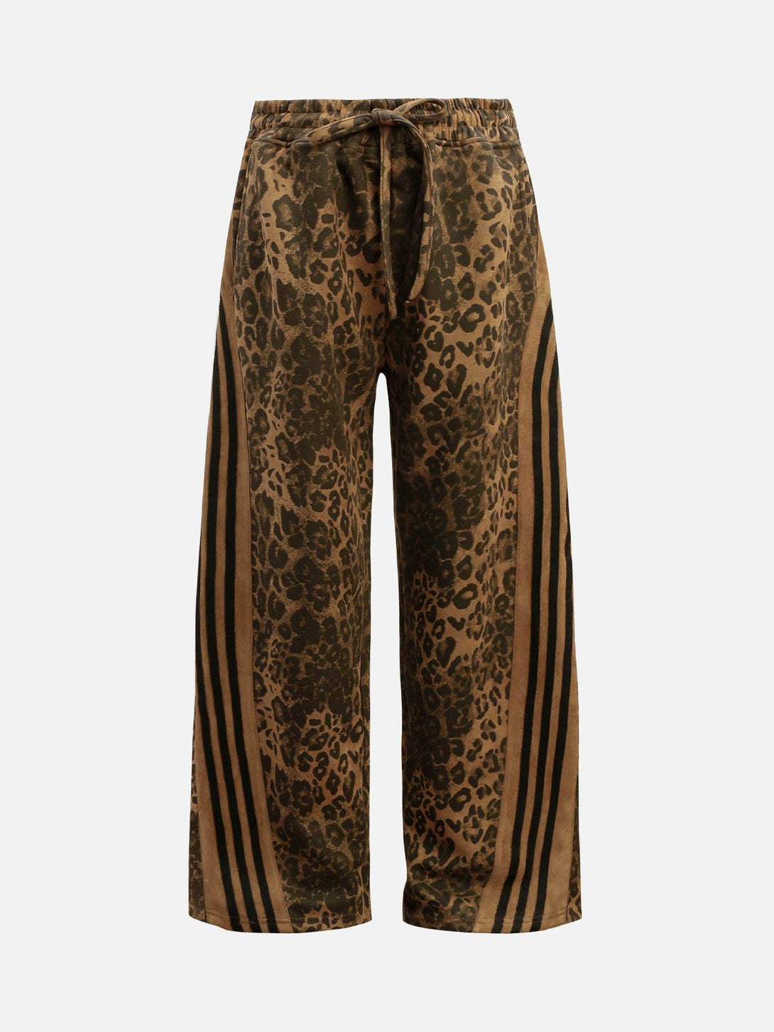 Front view of brown cheetah print suede pants by TALISHKO, featuring a drawstring waist.