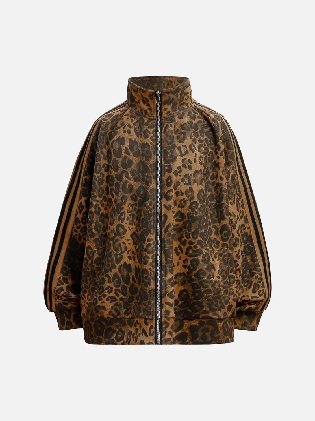 Front view of a brown cheetah print suede track jacket by TALISHKO with bold stripes.