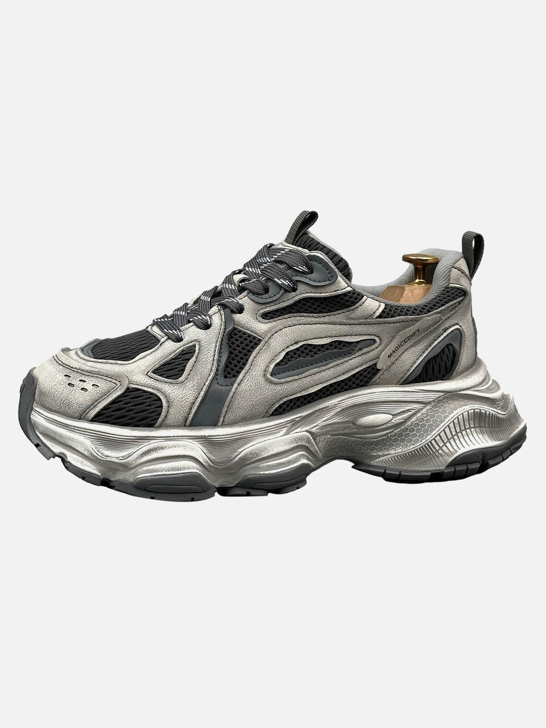 Side view of gray chunky sole running sneakers by TALISHKO, featuring breathable mesh design.