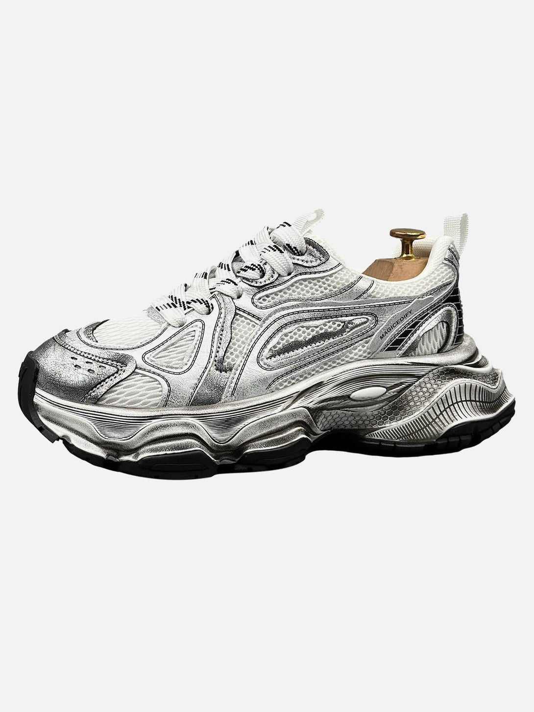 Front view of white chunky sole running sneakers by TALISHKO, perfect for casual style.