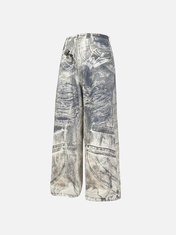TALISHKO gray cigarette pants with digital print design, front view showcasing unique style.