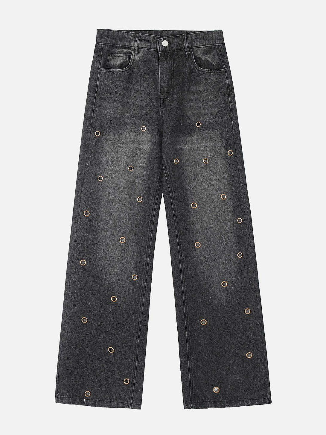 Front view of black circle cut-out jeans by TALISHKO, featuring a trendy urban style.