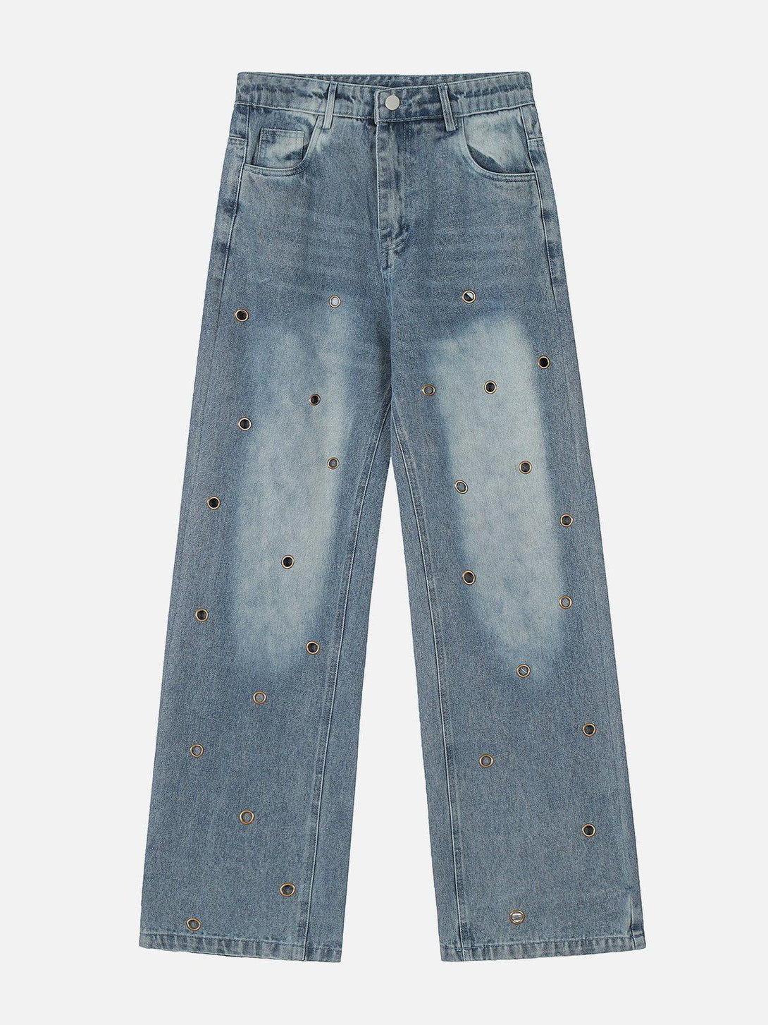 Blue circle cut-out jeans by TALISHKO in a stylish front view, ideal for urban looks.