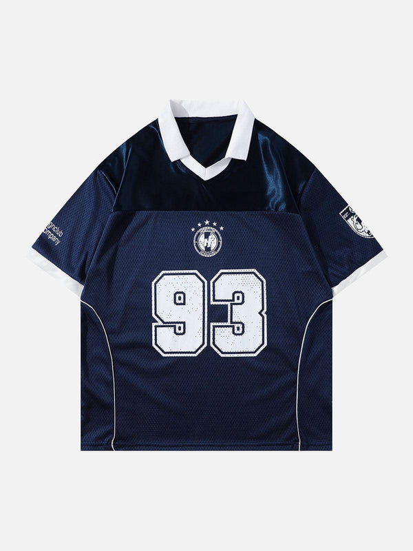 Front view of a navy Classic Sports Jersey T-Shirt with number 93 design, by TALISHKO.