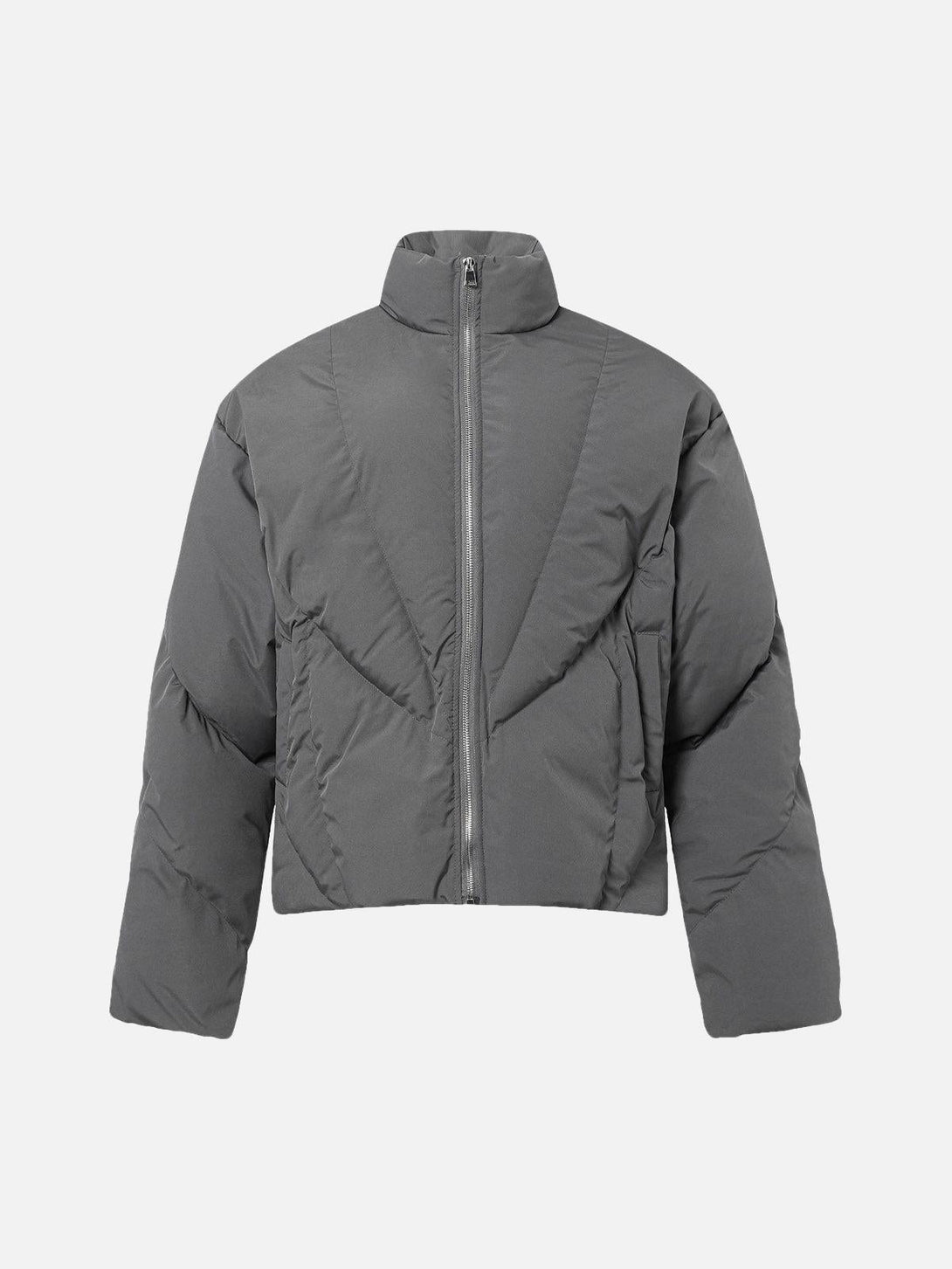 Front view of a gray classic stand collar puffer jacket by TALISHKO, ideal for urban style.