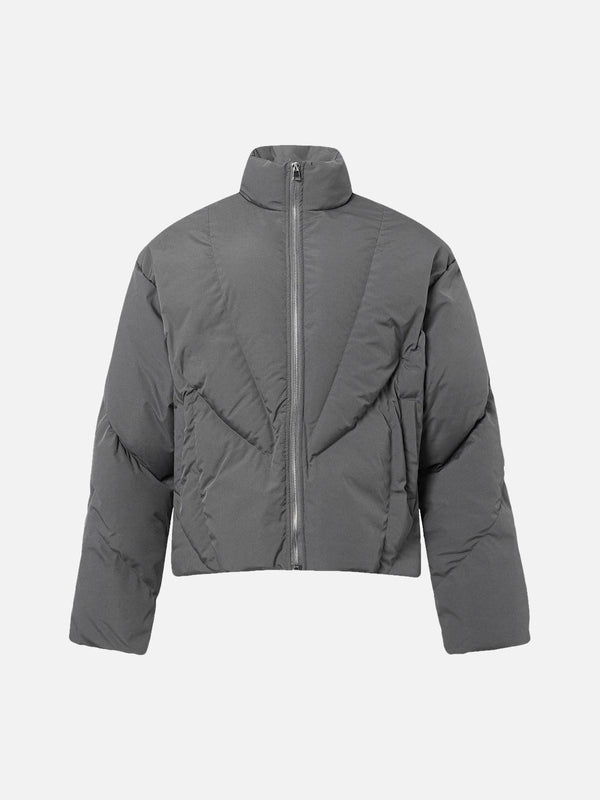 Front view of a gray classic stand collar puffer jacket by TALISHKO, ideal for urban style.
