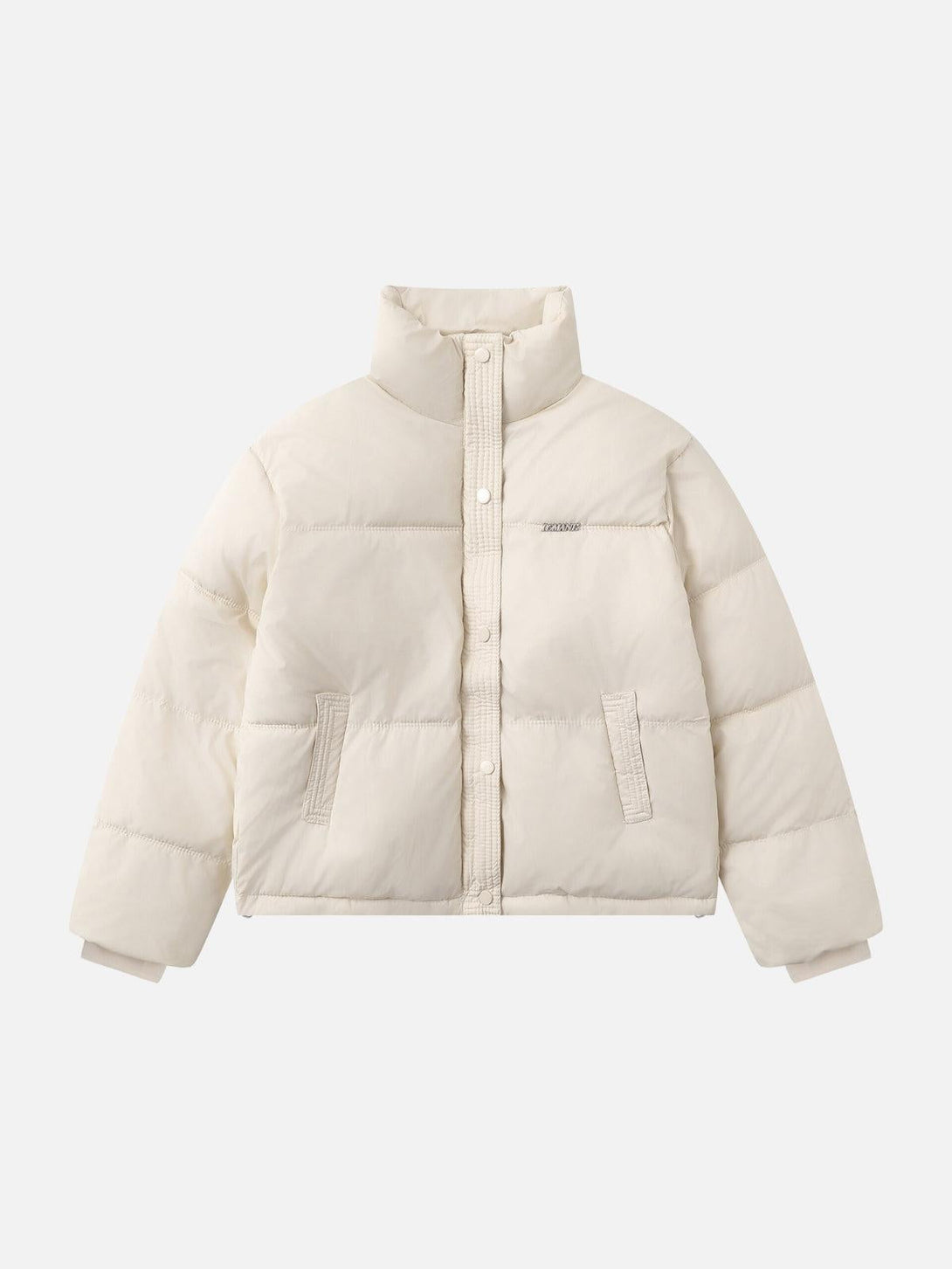 Front view of a TALISHKO apricot puffer coat with a classic stand collar, perfect for urban style.