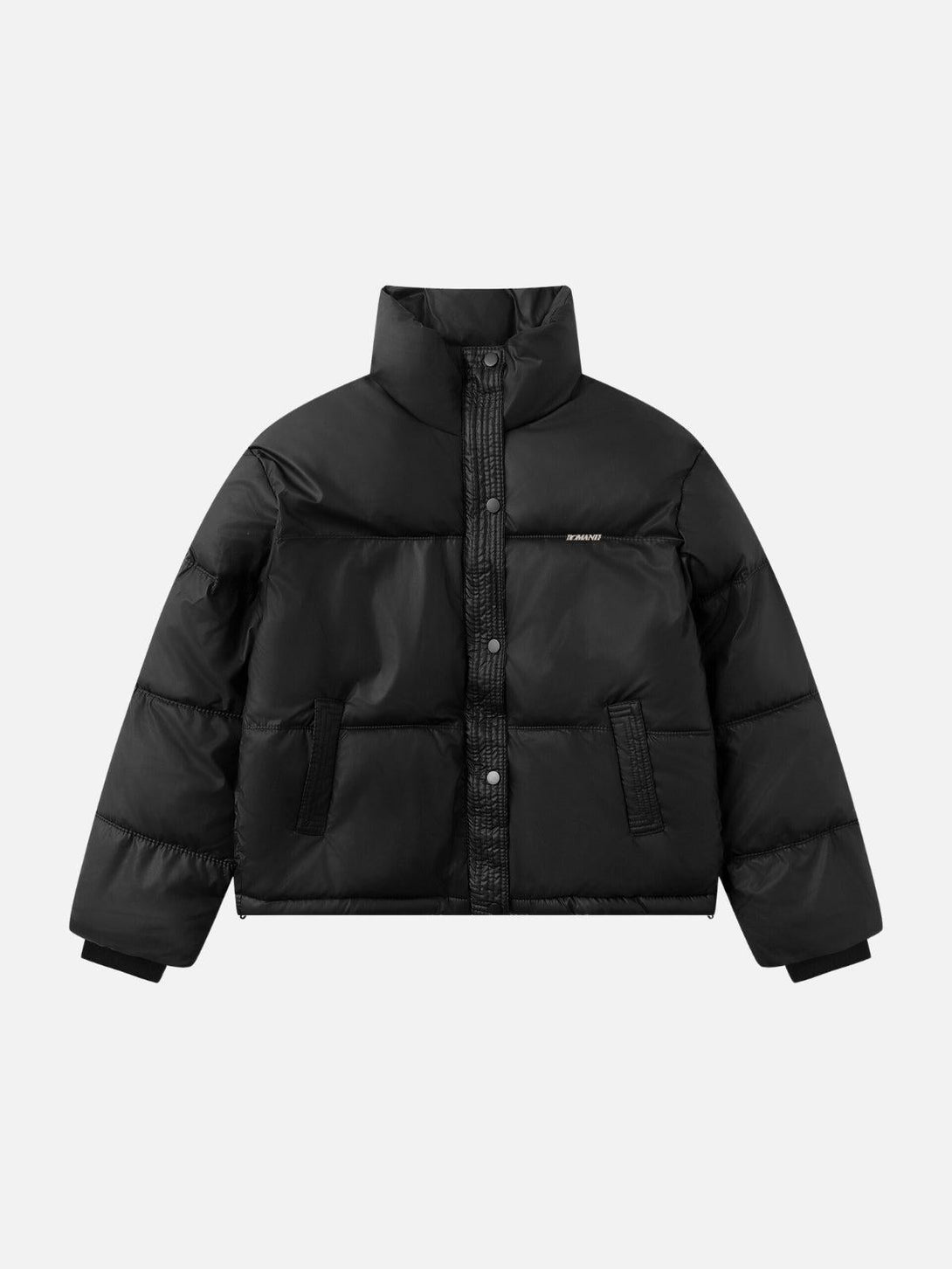 Front view of a TALISHKO black puffer coat with a classic stand collar, ideal for urban wear.