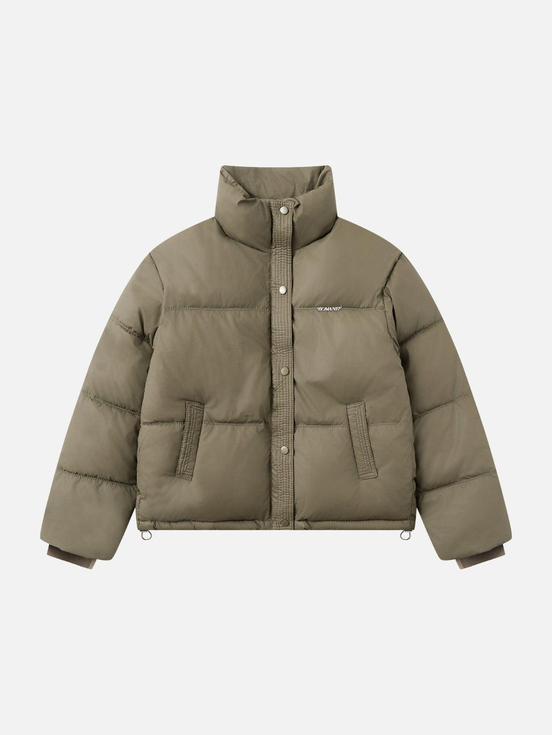 Front view of a TALISHKO green puffer coat with a classic stand collar, ideal for urban wear.