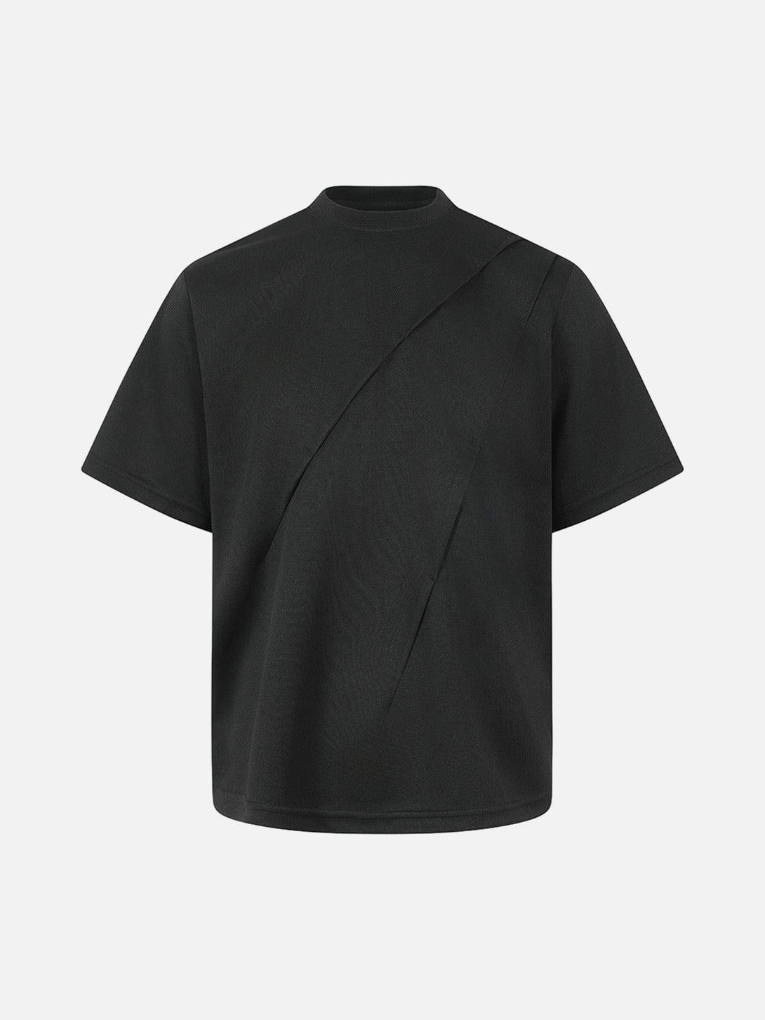 Front view of a black pleated T-shirt by TALISHKO, featuring classic tailoring for a modern look.