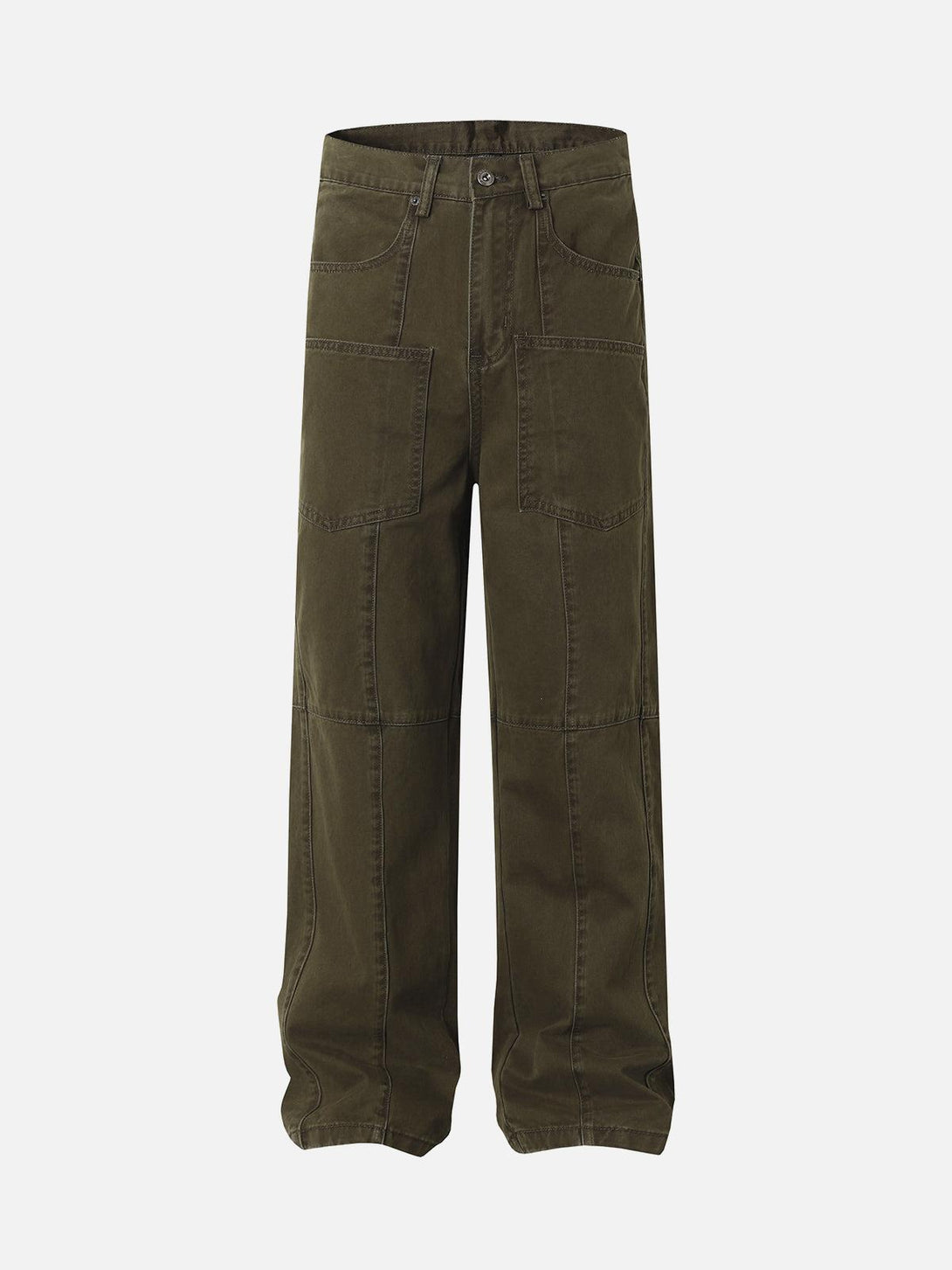 Front view of dark brown cargo pants by TALISHKO, featuring a classic utility design.