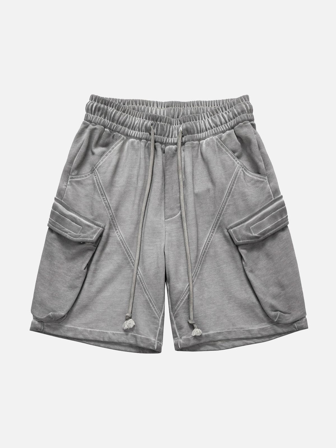 Gray velour cargo shorts by TALISHKO, featuring a front view with drawstring and spacious pockets.