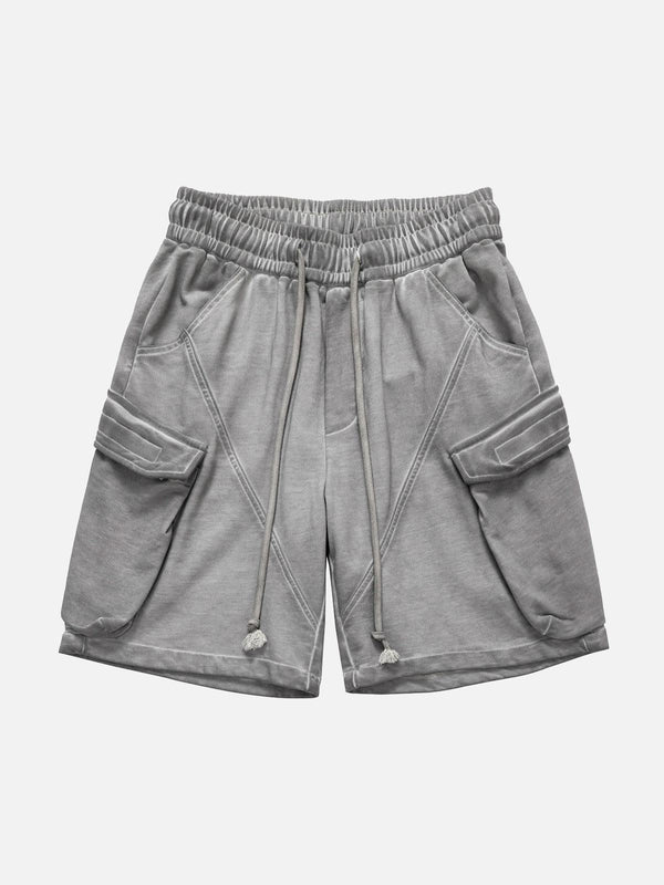 Gray velour cargo shorts by TALISHKO, featuring a front view with drawstring and spacious pockets.