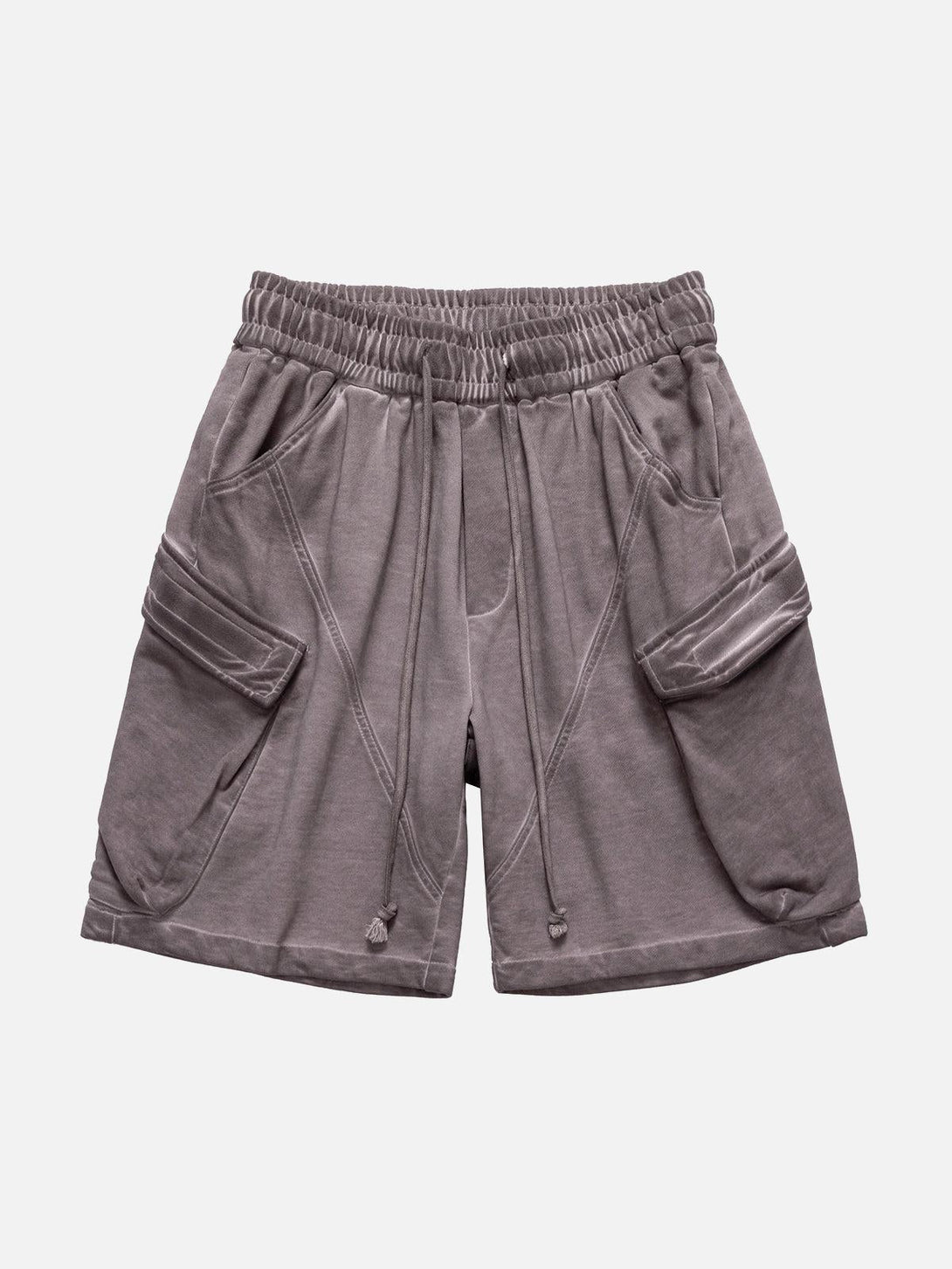 Purple velour cargo shorts by TALISHKO, showcasing a front view with elastic waistband and pockets.