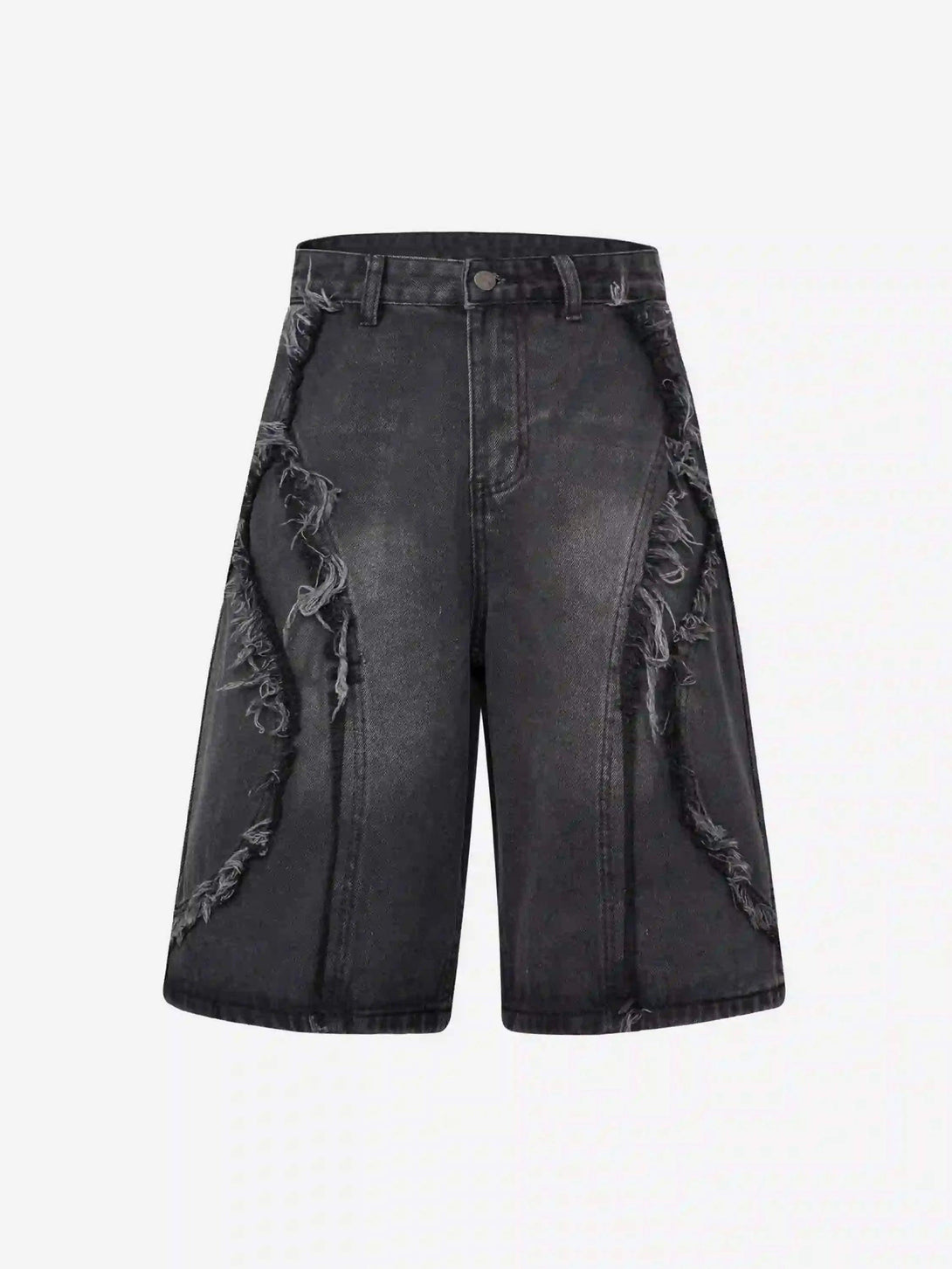 Front view of black denim jorts by TALISHKO with unique whisker patchwork detailing.