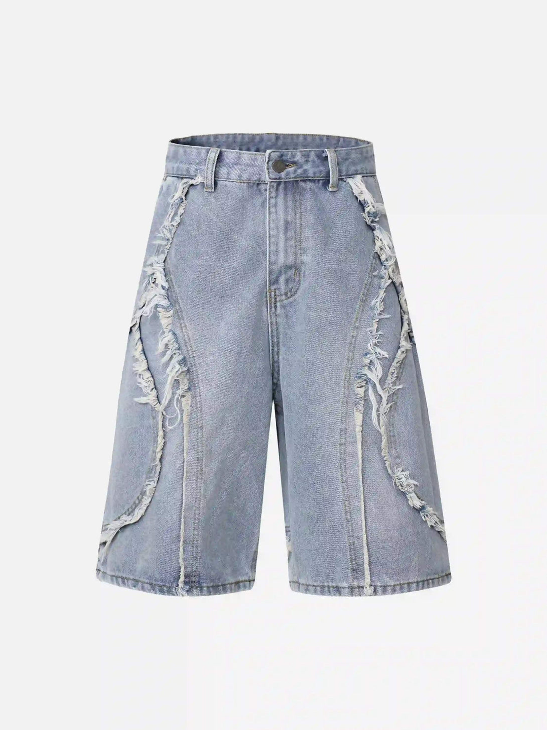 Front view of light blue denim jorts by TALISHKO, featuring stylish whisker patchwork details.