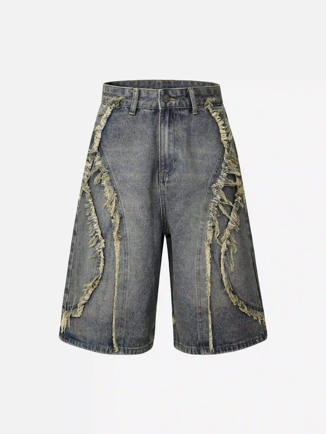 Retro blue cropped denim jorts by TALISHKO with whisker patchwork detailing in the front view.