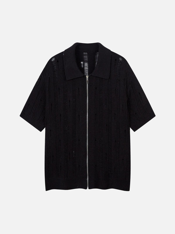 Front view of a black knit zip-up short-sleeve shirt by TALISHKO, perfect for urban style.