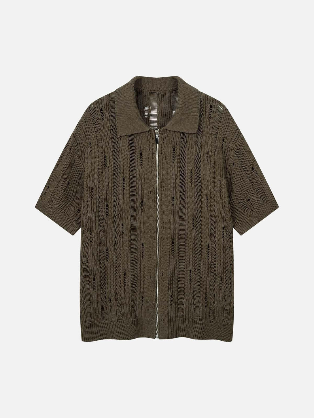 Front view of a green knit zip-up short-sleeve shirt by TALISHKO, ideal for urban style.