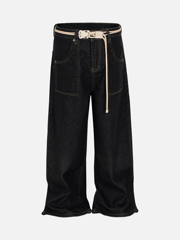 Front view of black baggy jeans with buckle belt by TALISHKO, showcasing casual style.
