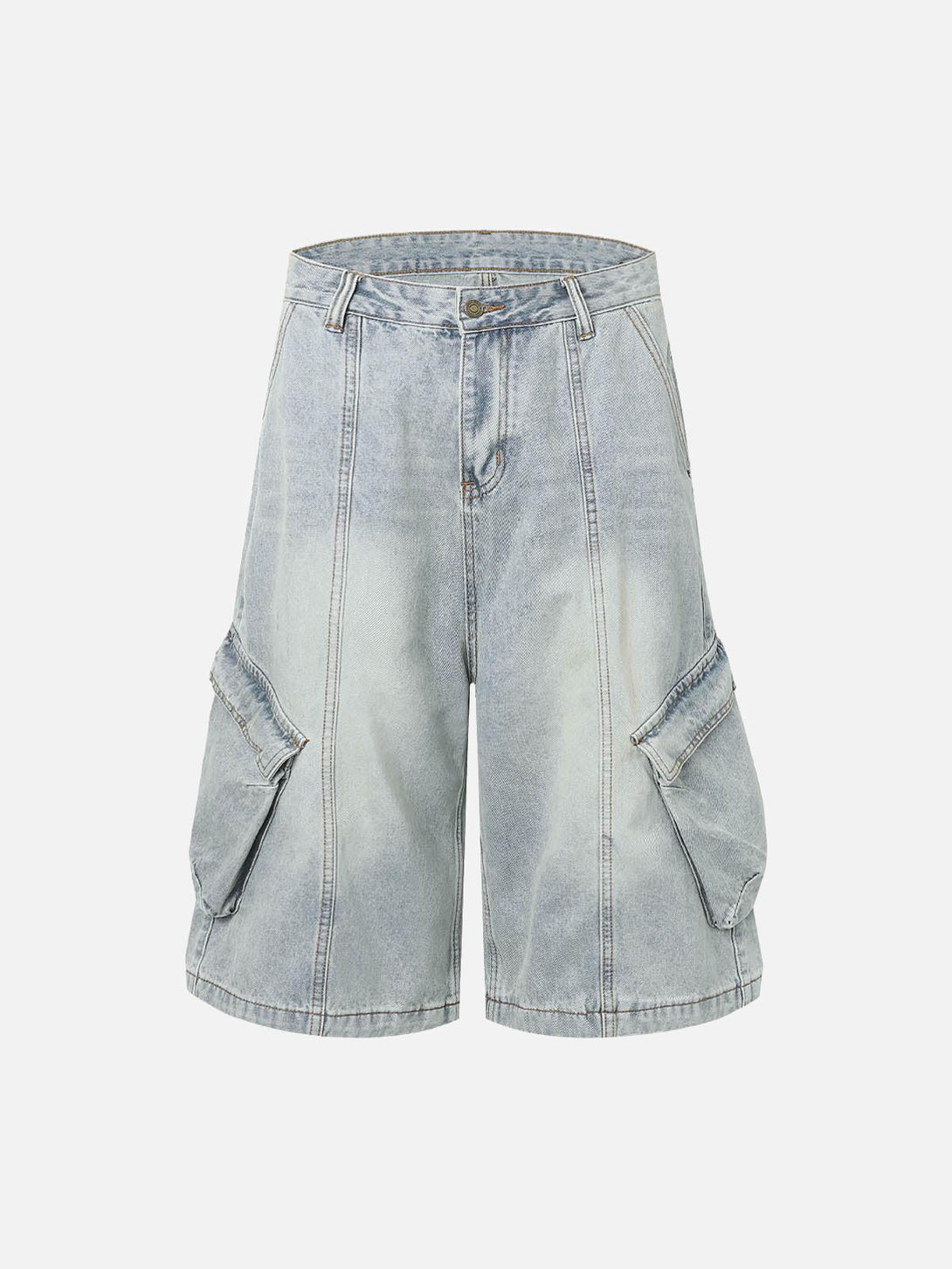 Front view of light blue baggy cargo jorts by TALISHKO, ideal for casual summer outfits.
